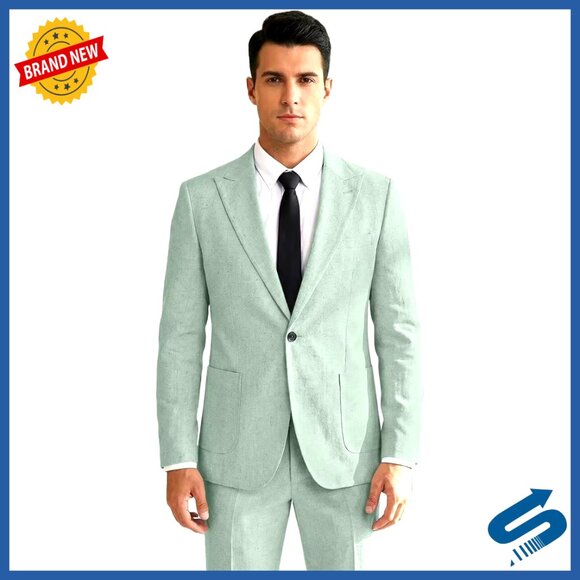 Men's Linen Suit 2-Piece Slim Fit Casual Blazer Pants Wedding Summer